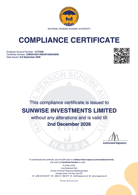 NAPSA compliance certificate issued to SunWise Investments Limited