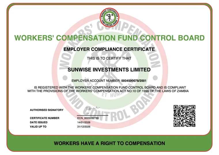 Employer compliance certificate issued to SunWise Investments Limited by the Workers' Compensation Fund Control Board