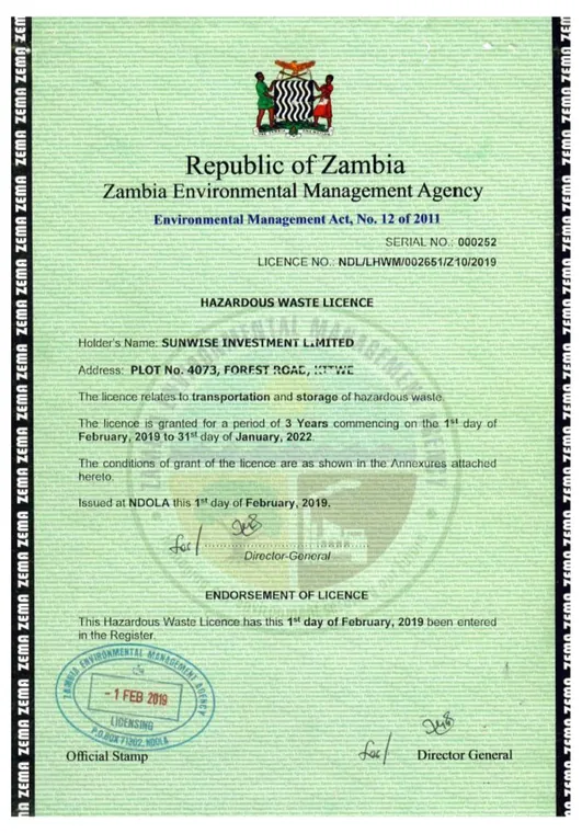 Hazardous waste licence issued to SunWise Investment Limited by the Zambia Environmental Management Agency