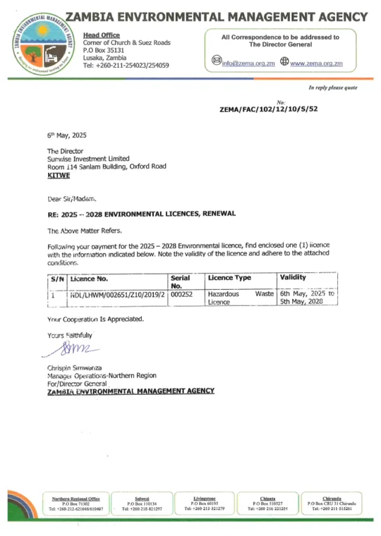 ZEMA environmental licence renewal letter for SunWise Investment Limited covering 2025 to 2028