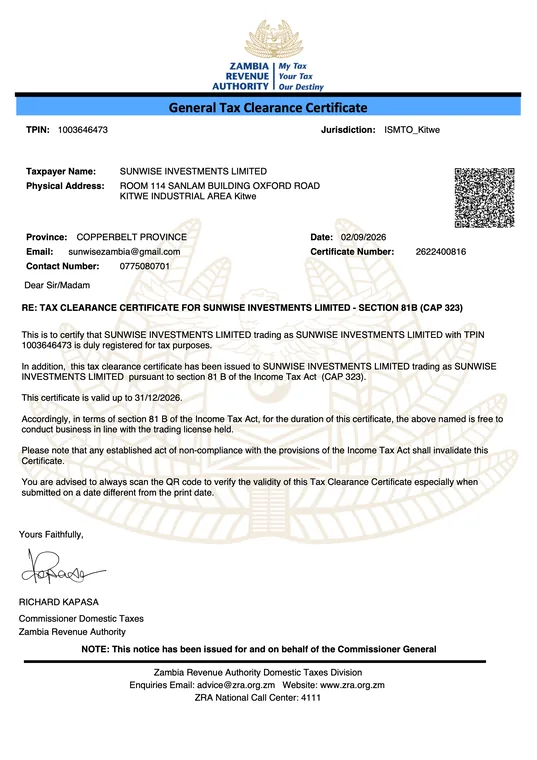 General tax clearance certificate issued to SunWise Investments Limited by the Zambia Revenue Authority