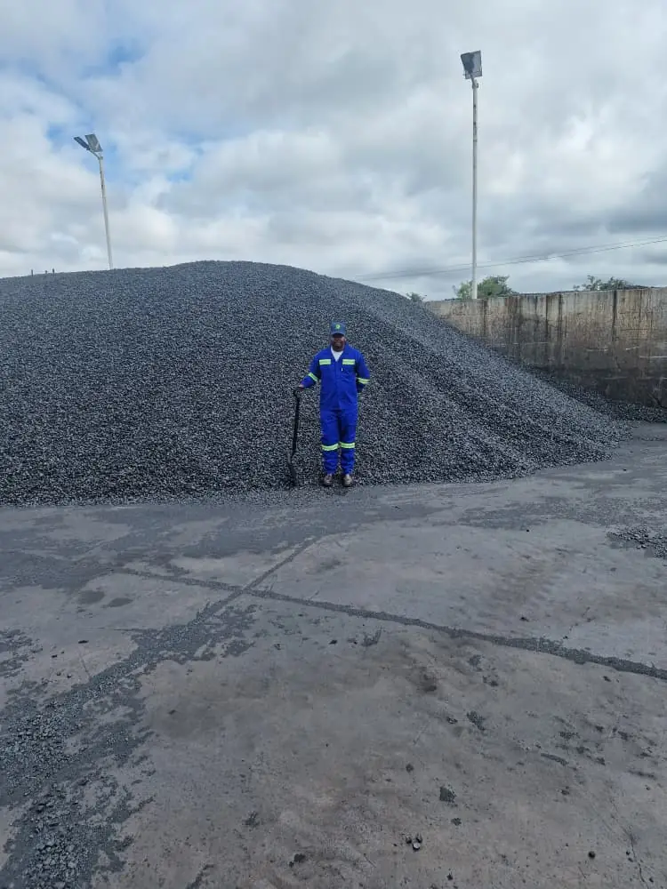 SunWise technician standing at the foot of a large stockpile in a bulk materials yard