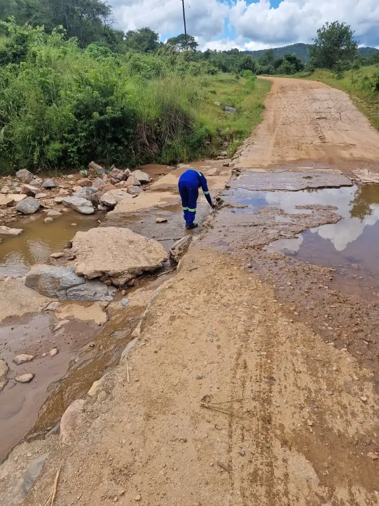SunWise technician crouching to collect a water sample where a shallow stream crosses a dirt road